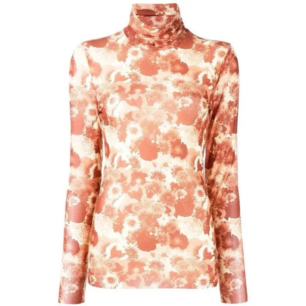 GANNI floral-printed mesh long-sleeve top